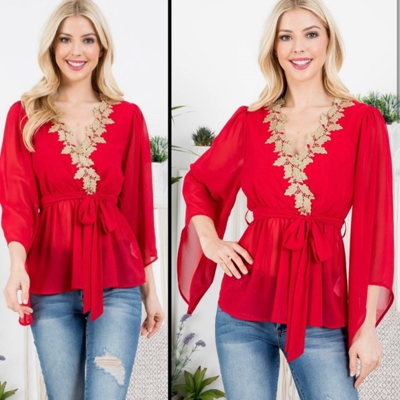 New! Sale 🎉Red chiffon Leaf Detail Trim Cinched Waist with Belt Angel Arms - Picture 2 of 9